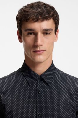 Camisa regular fit en punto t&eacute;cnico el&aacute;stico estampado, Azul oscuro