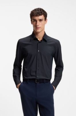 Camisa regular fit en punto t&eacute;cnico el&aacute;stico estampado, Azul oscuro