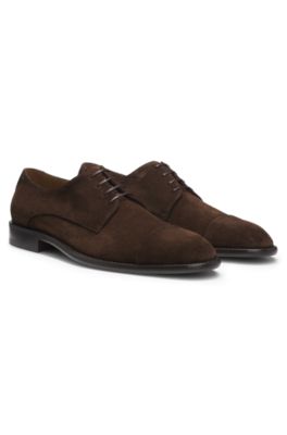Derby shoes in suede with cap toe, Dark Brown