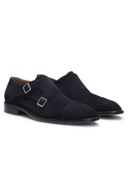 Chaussures monk en daim &agrave; double bride, Bleu fonc&eacute;