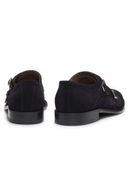 Monk shoes in suede with double strap, Dark Blue