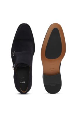 Chaussures monk en daim &agrave; double bride, Bleu fonc&eacute;