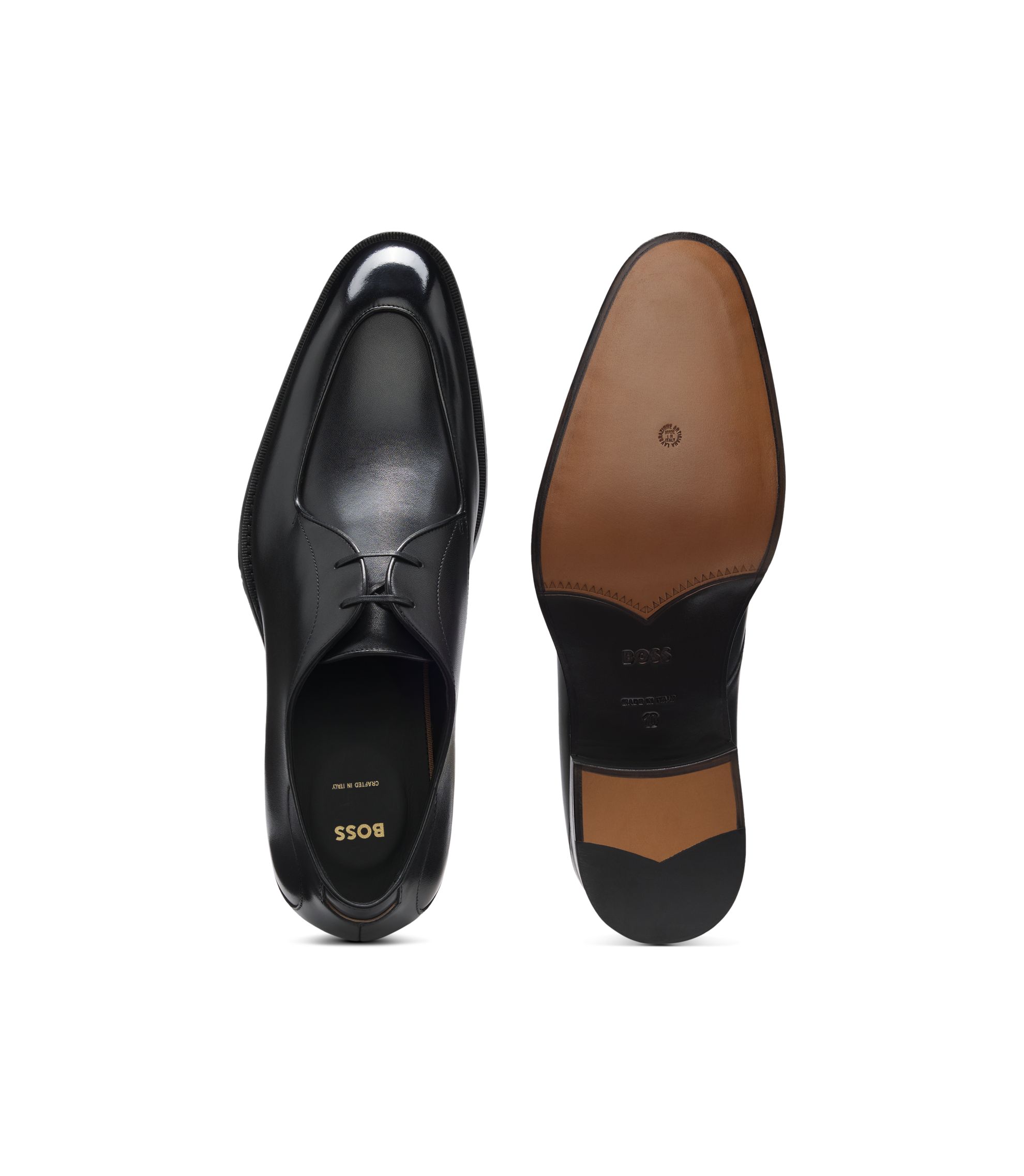 BOSS - Brushed-leather Derby shoes with apron toe - Black