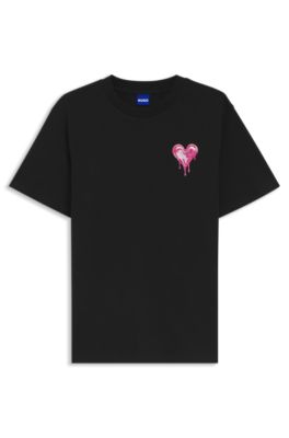 T-shirt en jersey de coton &agrave; motif c&oelig;ur artistique, Noir