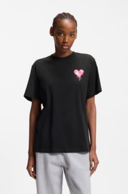 Camiseta de punto de algod&oacute;n con ilustraci&oacute;n de coraz&oacute;n, Negro