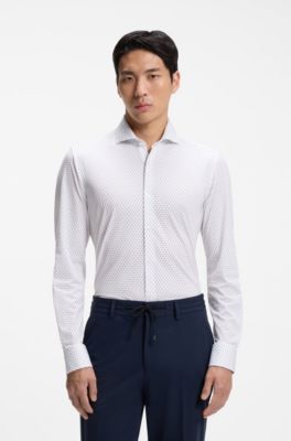Printed slim-fit shirt in performance-stretch jersey, Light Blue