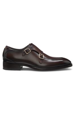 Brushed-leather monk shoes with double strap, Dark Brown