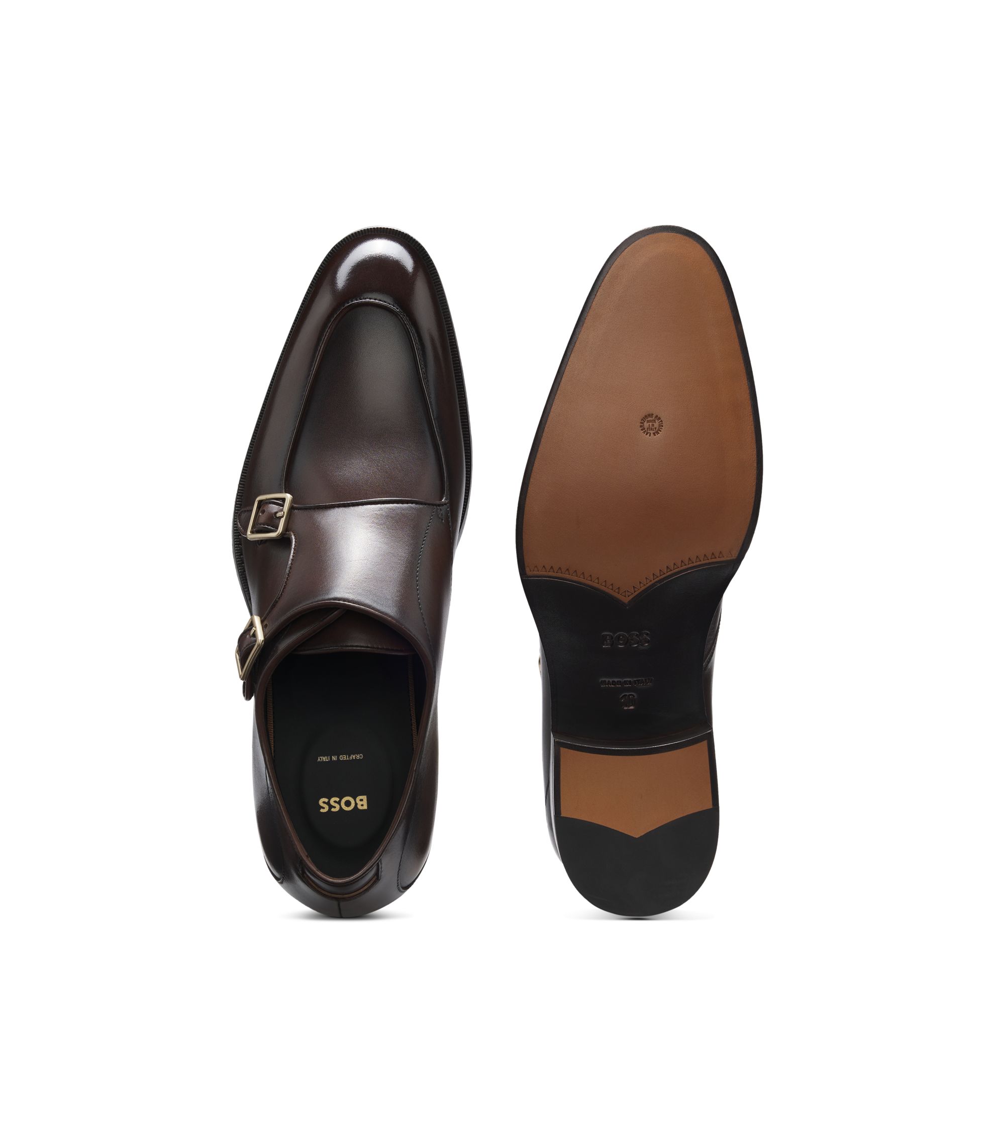 BOSS - Brushed-leather monk shoes with double strap - Dark Brown