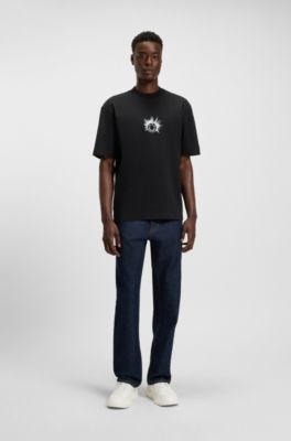 Camiseta de punto de algod&oacute;n con ilustraci&oacute;n Happy HUGO, Negro