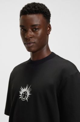 Camiseta de punto de algod&oacute;n con ilustraci&oacute;n Happy HUGO, Negro