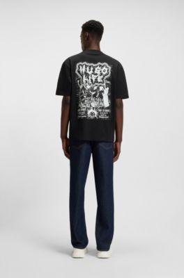 Camiseta de punto de algod&oacute;n con ilustraci&oacute;n Happy HUGO, Negro