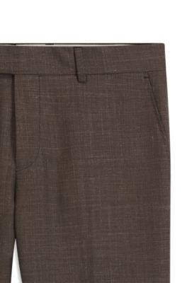 BOSS ONE Slim-fit trousers in virgin wool, silk and linen, Dark Brown