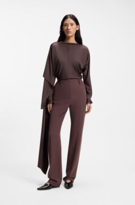 Pantalon cigarette taille haute en m&eacute;lange de laine vierge, Marron fonc&eacute;