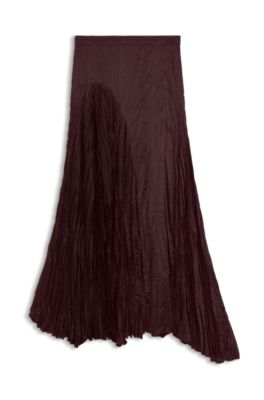 Crinkle-textured satin skirt with asymmetric hem, Dark Brown
