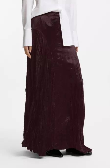 Crinkle-textured satin skirt with asymmetric hem