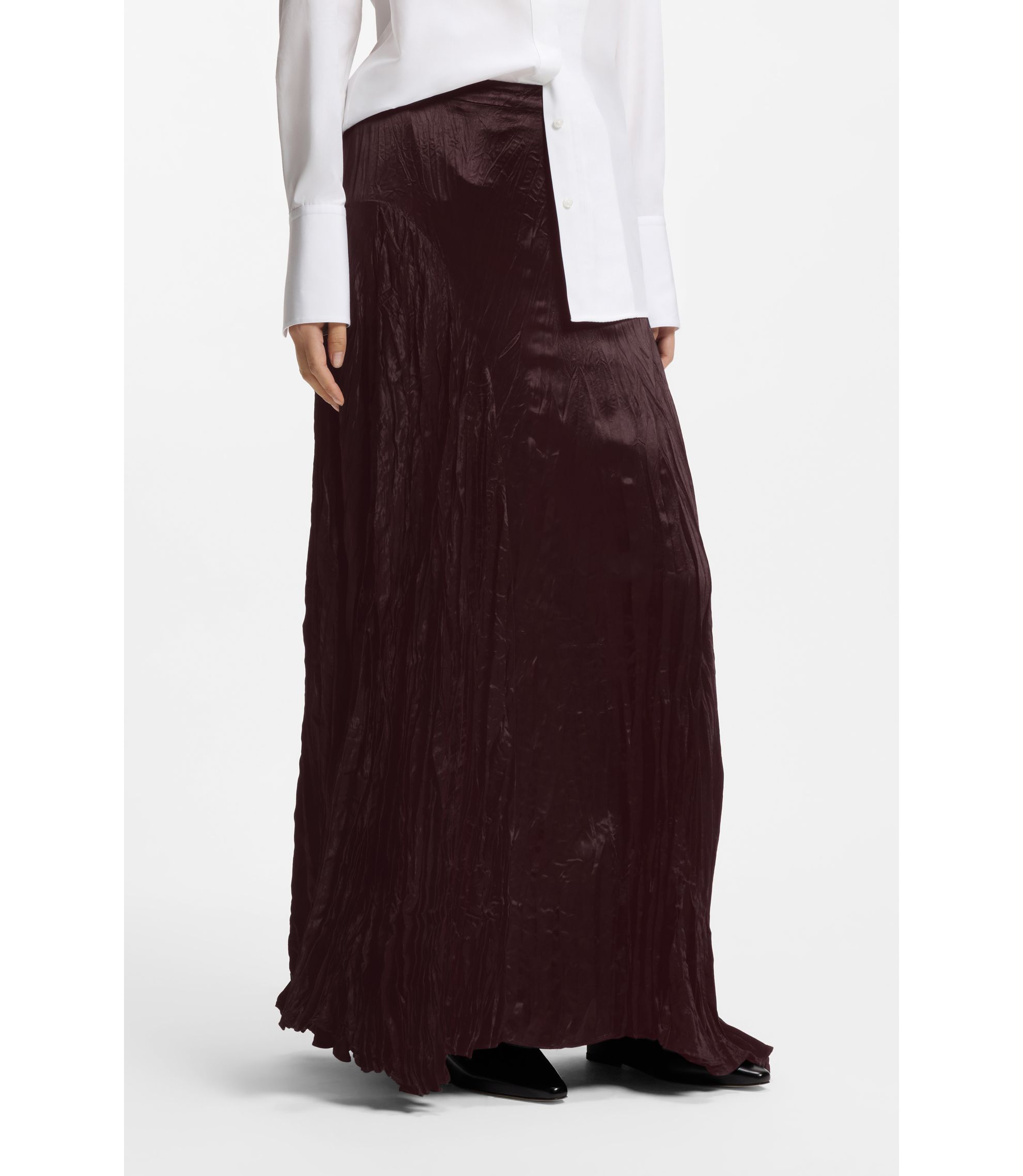BOSS - Crinkle-textured satin skirt with asymmetric hem - Dark Brown