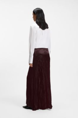 Crinkle-textured satin skirt with asymmetric hem, Dark Brown
