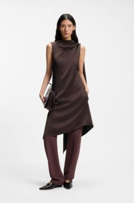 High-shine asymmetric dress with drape neck, Dark Brown