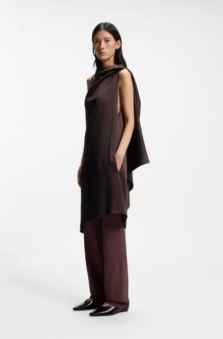 High-shine asymmetric dress with drape neck