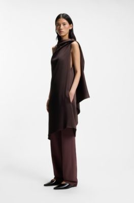High-shine asymmetric dress with drape neck, Dark Brown