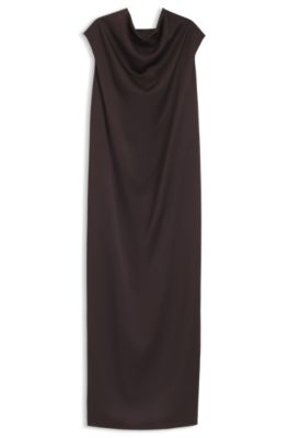 Vestido maxi sin mangas en sat&eacute;n jaspeado, Marr&oacute;n oscuro