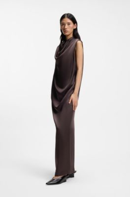 Robe longue sans manches en satin sable, Marron fonc&eacute;