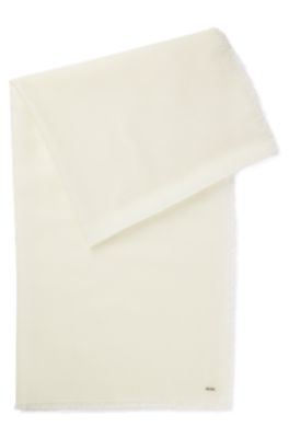 Lightweight wool scarf with fringed trims, White
