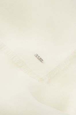 Fular ligero de lana con detalles con flecos, Blanco