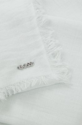 Lightweight wool scarf with fringed trims, Light Blue