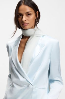 Lightweight wool scarf with fringed trims, Light Blue