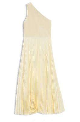 Rib-knit one-shoulder dress with pleated skirt, Light Beige
