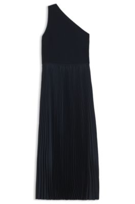 Rib-knit one-shoulder dress with pleated skirt, Dark Blue