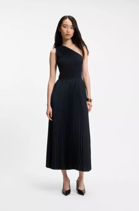 Rib-knit one-shoulder dress with pleated skirt