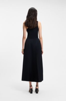 Rib-knit one-shoulder dress with pleated skirt, Dark Blue
