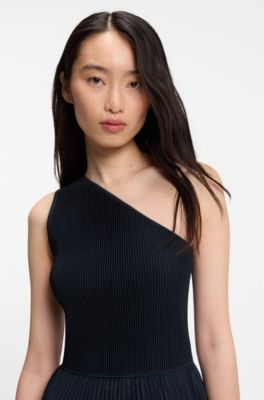 Rib-knit one-shoulder dress with pleated skirt, Dark Blue