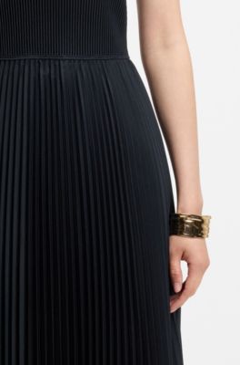 Rib-knit one-shoulder dress with pleated skirt, Dark Blue