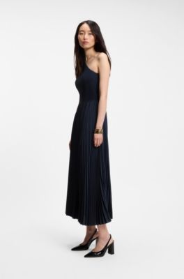 Rib-knit one-shoulder dress with pleated skirt, Dark Blue