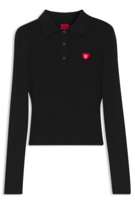Slim-fit sweater in ribbed crepe with polo collar, Black