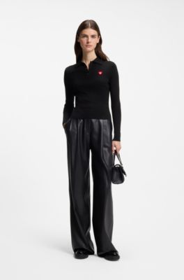 Slim-fit sweater in ribbed crepe with polo collar, Black