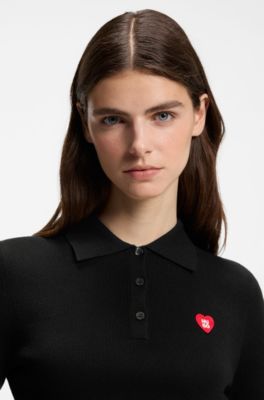 Slim-fit sweater in ribbed crepe with polo collar, Black