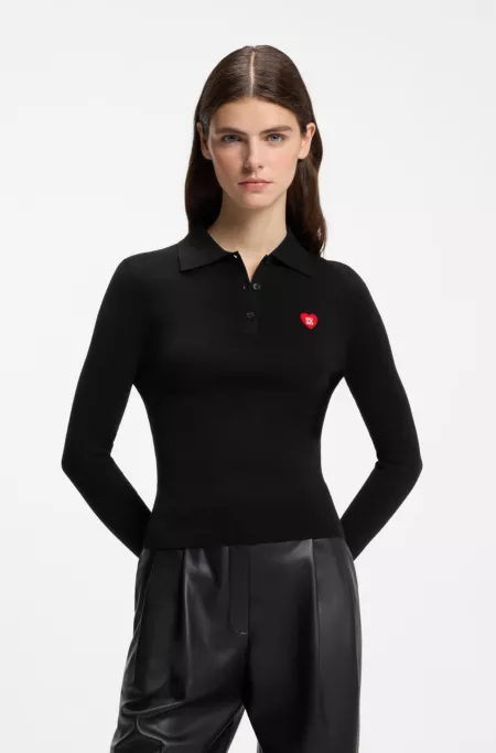 Slim-fit sweater in ribbed crepe with polo collar
