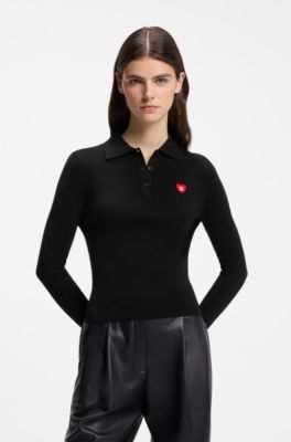Slim-fit sweater in ribbed crepe with polo collar, Black
