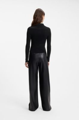Slim-fit sweater in ribbed crepe with polo collar, Black