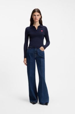 Pull Slim en cr&ecirc;pe c&ocirc;tel&eacute; &agrave; col polo, Bleu