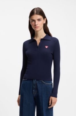 Pull Slim en cr&ecirc;pe c&ocirc;tel&eacute; &agrave; col polo, Bleu