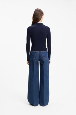 Pull Slim en cr&ecirc;pe c&ocirc;tel&eacute; &agrave; col polo, Bleu