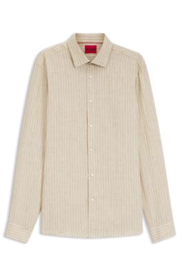 Camisa modern fit de lino a rayas, Beige
