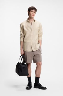 Camisa modern fit de lino a rayas, Beige