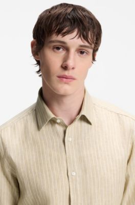 Camisa modern fit de lino a rayas, Beige