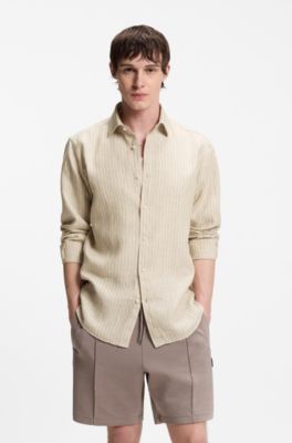 Camisa modern fit de lino a rayas, Beige